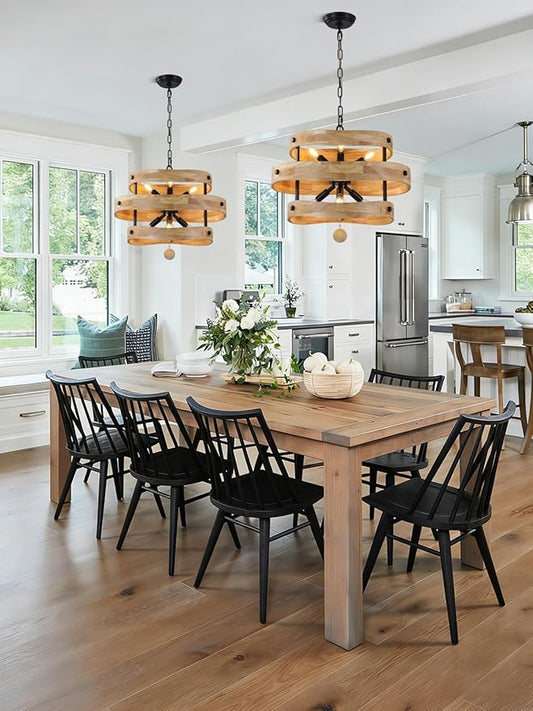 20" Farmhouse Chandelier with Light, 6-Light Rustic Drum Chandelier Over Table, Wood Dining Room Light Fixtures for Kitchen Island Living Room Entryway