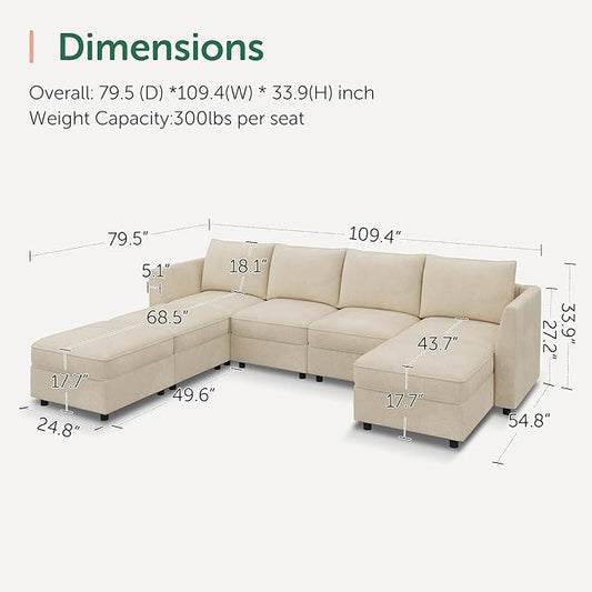 HONBAY Modular Sofa U Shaped Sectional Couch with Storage, Convertible Modular Sofa 7 Seats Sectional for Living Room - Beige