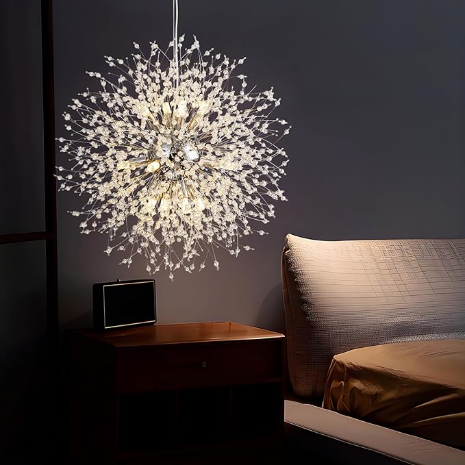 SineRise Modern Crystal Chandeliers Firework, Crystal Light Fixture, Dandelion Chandelier (12-Light, Chrome) for Foyer Hallway Entryway Kitchen Bedroom (Bulbs Not Included)