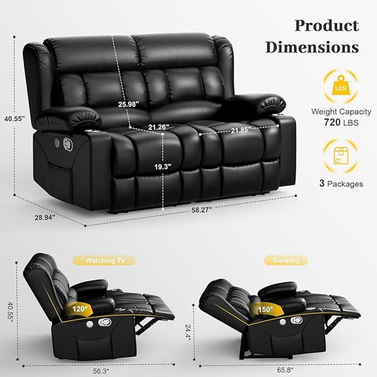 FURNIMAT New Loveseat Recliner Sofa, 2 Seater Reclining Loveseat Sofa, PU Leather Dual Recliner Chair, Modern Loveseat Couch for Living Room, with Cup Holder and USB Ports, Black
