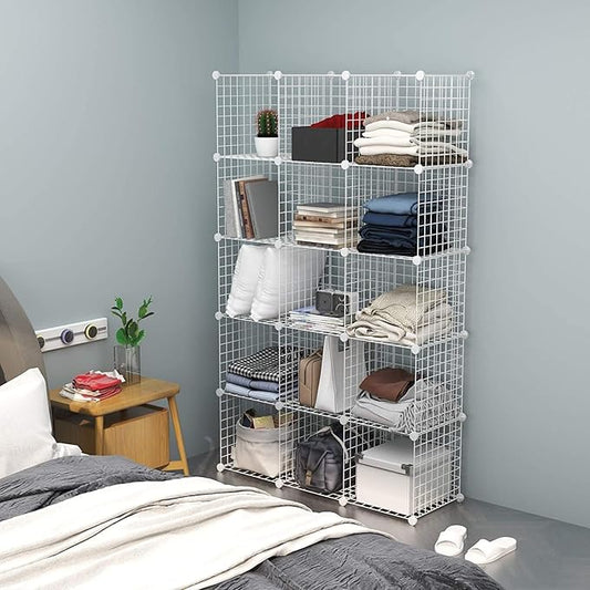 C&AHOME Wire Cube Storage, 16-Cube Organizer Metal Grids Storage, Storage Bins Shelving, Modular Bookshelf Shelves, DIY Closet Cabinet Ideal for Bedroom, Office 48.4”L x 12.4”W x 48.4”H White