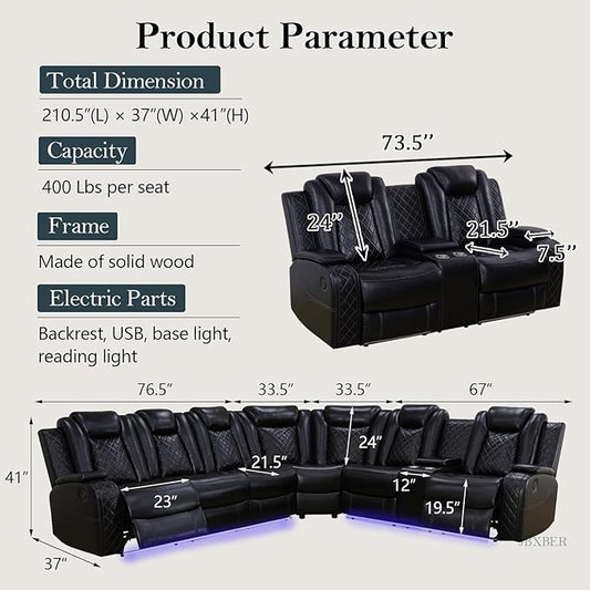 Power Recliner Sectional Sofa Set, Black Leather Sectional Couch and Loveseat for Living Room, L Shape Reclining Sofa with Cup Holder, Hidden Storage, Coffee Table for House(8 Seat)