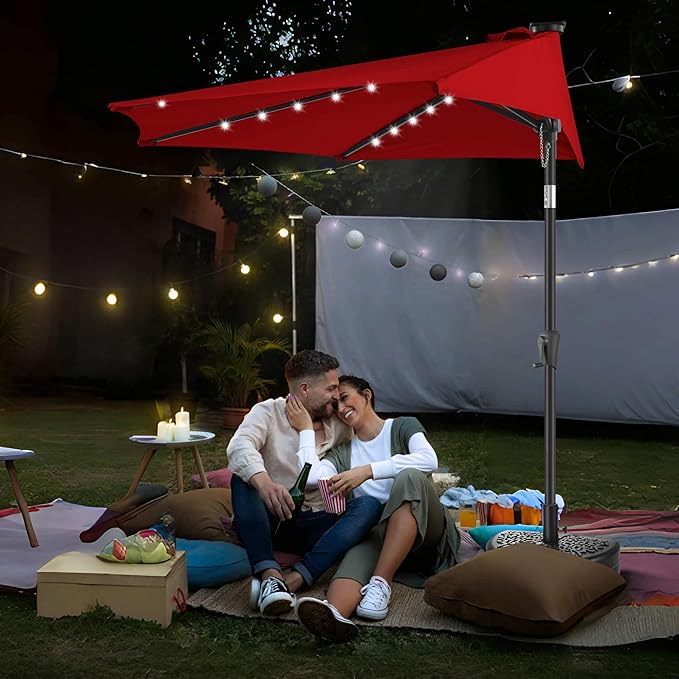 9ft Solar Half Umbrellas Outdoor - LED Half Patio Umbrella with 25 Lights, UV Protection Waterprool, Half Round Umbrella for Wall Balcony, Pool, Porch, Garden, Deck, Backyard, Red