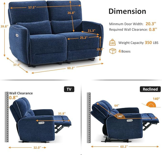 MCombo 60" Wall Hugger Power Loveseat Recliner Sofa with Adjustable Headrest, RV Reclining Loveseat with USB and Type C Charge Ports for Living Room 6924 (Navy Blue, Loveseat)