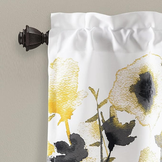 Lush Decor Zuri Flora Room Darkening Valance Curtain Single 52" W x 18" L + 2" Header Yellow & Gray - Valances for Windows - Floral Kitchen Curtains