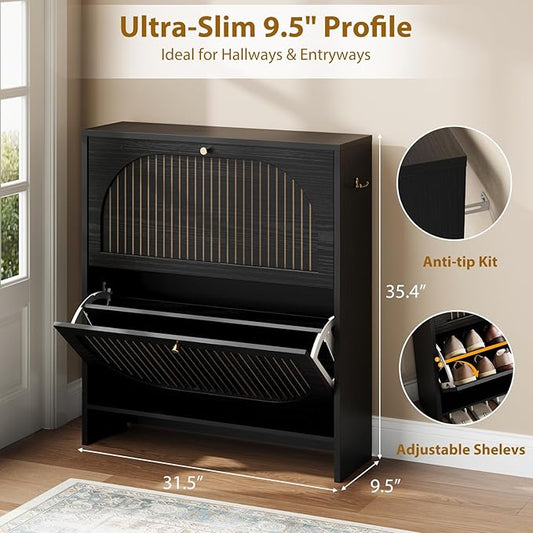 Nicetree Arch-Chic Shoe Cabinet for Entryway, Modern Mid-Century Shoe Storage Cabinet with Fluted, Narrow Shoe Rack with Adjustable Shelves & Tipping Protection, Fits Size 12 Shoes,Black