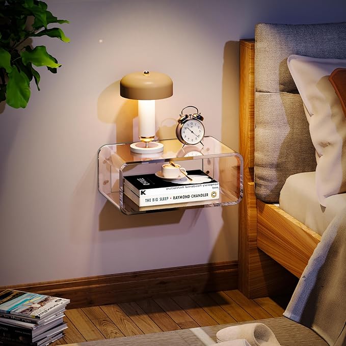 Acrylic Floating Nightstand, Bedside Table, Nightstand Shelf Wall Mounted Bedside Shelf (Clear, Small)