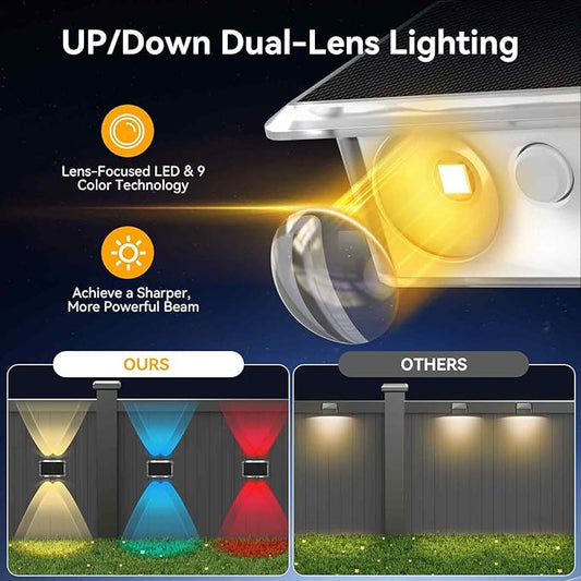 TECKNET Solar Fence Lights 6 Pack, 8 Modes RGB Color Changing, Up Down Lights & 200°Wide Lighting, IP66 Waterproof Dual-Lens LED Decorative Lights for Wall/Garden/Fence/Patio/Backyard