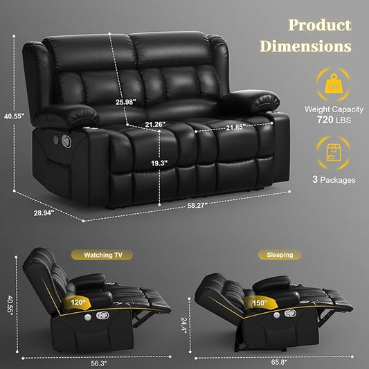 Loveseat Recliner Sofa Set with 2+1+1 Pieces, 2 Seater Minimalist Style Manual Pull Tab Reclining Loveseat with USB Charge Ports, Cup Holders, Recliner Couches for Living Room, RV, Black