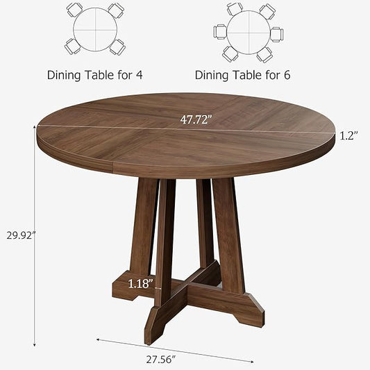 GarveeHome Round Dining Table for 4, 47 Inches Dining Room Table with Wooden Base, Kitchen Table with Circle Tabletop, Dinner Table for Dining Room, Kitchen, Living Room, Brown