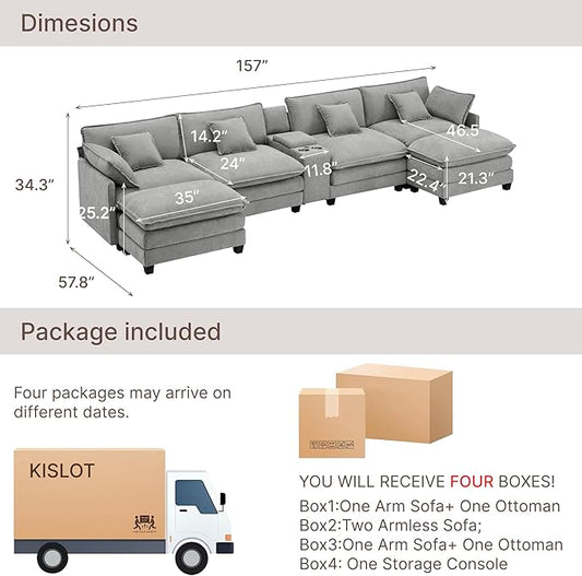 157" Oversized Modular Sectional Sofa with Storage Console,U-Shaped Cloud Couch with Movable Ottoman,Deep Seat,Thick Cushions, Multi Functional Console with USB & 2 Cup Holder,Sofa Set for Living Room | Wood Frame