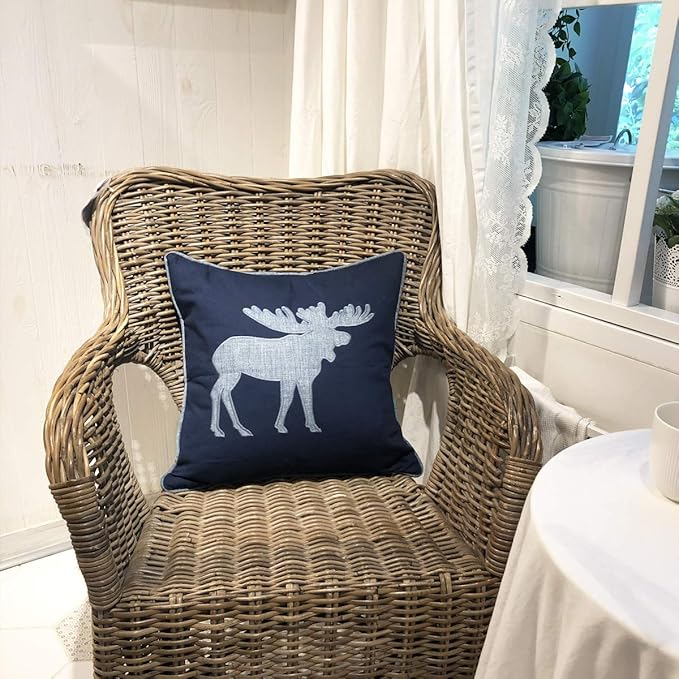Navy Cotton Pillow Covers Decorative Moose Pillow Case for Sofa Cushions Covers 18x18 Inches (Navy)