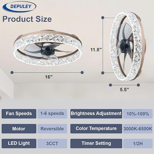 Depuley Ceiling Fans with Lights and Remote: 16" Modern Low Profile Flush Mount Ceiling Fan with App Remote Control - Brown Fandelier for Bedroom Living Room Kitchen Dimmable Quiet DC Motor