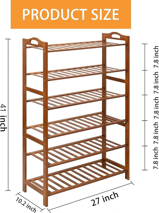 6 Tier Bamboo Shoe Rack, Free Standing Shoes Rack Shoe Shelf Shoe Organizer for Closet, Entryway, Bedroom, Living Room, Front Door, Studio, Bathroom