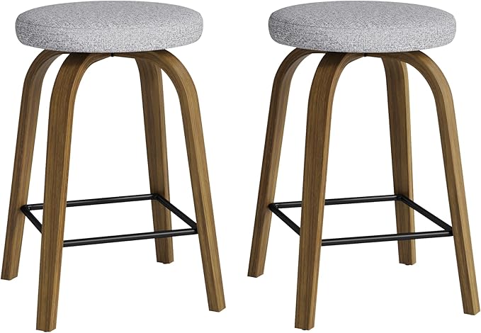 Bar Stools Set of 2, Counter Height Backless Bar Stools, 26" Swivel Barstools Kitchen Chair with Upholstered Fabric Seat, Gray