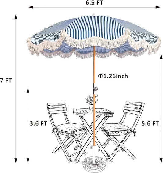 6.5ft Boho Beach Umbrella with Fringe, UPF 50+ Tassel Umbrellas with Carry Bag, Premium Wood Pole Foldable Patio Umbrella for Outdoor Holiday Garden Lawn Pool Yard Table