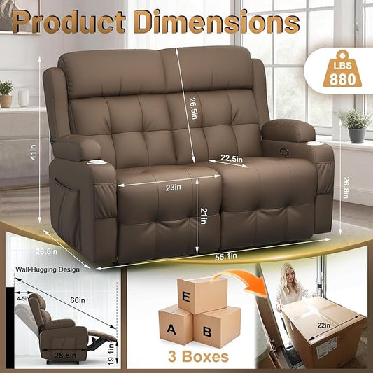 Reclining Loveseat, Wall-Hugger Loveseat Recliner Design with USB/Type C Charging & Storage & Cupholder, Pebble-Weave Fabric Recliner Sofa Couch for Living Room, Home Theater & RV Use