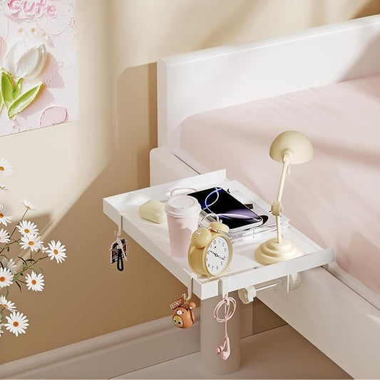 Foldable Bedside Shelf, Metal Clip-On Bed Tray Table for Bunk Bed & Dorm Beds, Dorm Room Essentials Organizer for College Students, Floating Tray, Space Saving Nightstand for Loft Beds (White, Small)