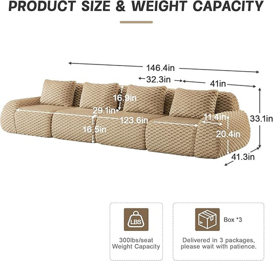 KEIKI 146" Oversized 4-Seater Boneless Couches for Living Room, Extra Deep Modular Sectional Velvet Sofa, Cloud Seating No Assembly Lounge Couch for Family Use, Modern Comfort Design, Light Camel