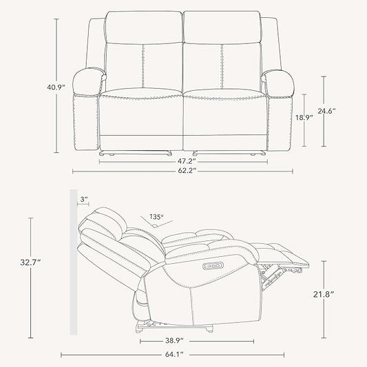 Watson & Whitely Genuine Leather Power Loveseat Recliner Sofa, 2 Seat Wall Hugger Reclining Sofa with Power Headrest & Charging Ports, Dual Recliner Sofas for Living Room, RV, Saddle Brown