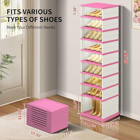 9-Tier Foldable Shoe Rack Organizer for Closet,18 Pairs Collapsible Plastic Shoe Shelf,Clear Stackable Shoe Storage Boxes with Door Easy Assembly,Shoe Cabinet with Lids Large(White-Pink)