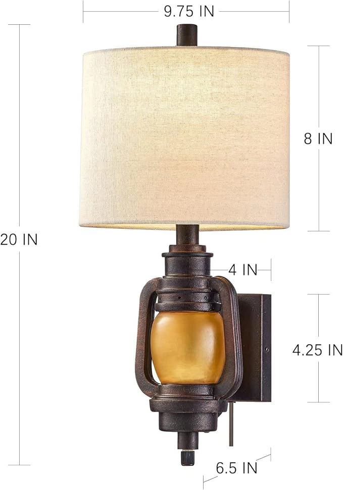 Wall Mount Lamp, Vintage Wall Lights with Plug in Cord - Dark Bronze Finish, Wall Sconce with Linen Fabric Shade and LED Nightlight for Living Room, Bedroom, Hallway and Home Office (Bulb Included)