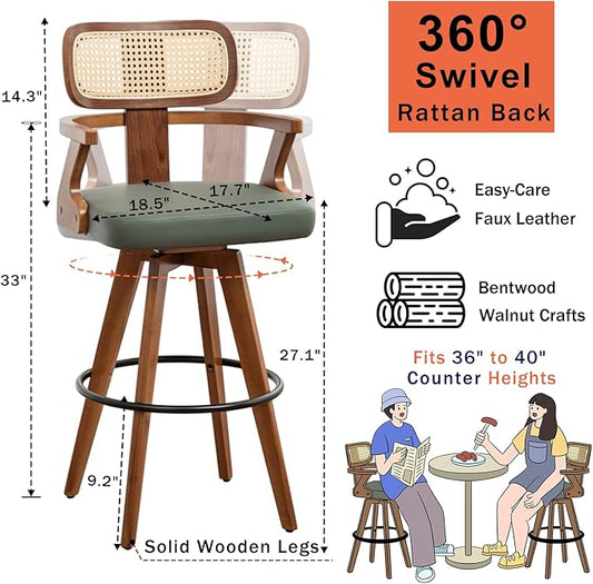 Set of 2 Counter Height Bar Stools - 27 inch Swivel Counter Stools with Walnut Craftsmanship, Cane Back, Upholstered Faux Leather, Kitchen Island Stools for Island/Pub/Kitchen (27" Seat Height, Green)