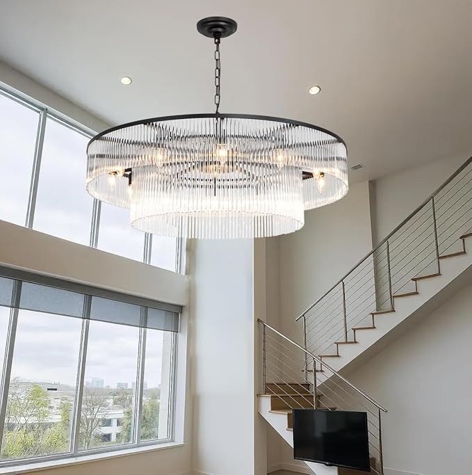 Black Glass Chandelier, Large Modern 2-Tier Glass Rod Chandelier Lighting for High Ceiling Foyer Hall Staircase, 12-Light Round Hanging Ceiling Light Fixture 39"