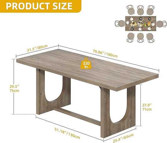 DWVO Dining Room Table for 6-8 People 70.86" Large Rectangle Dining Table Farmhouse Kitchen Table with Heavy Duty Wooden Base for Apartment Living Room Grey Oak