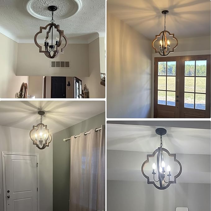 19.49'' Farmhouse Wood Chandelier, 4-Light Rustic Dining Room Light Fixture, Orb Chandelier Light Adjustable Height, Pendant Lighting for Kitchen Island Foyer Living Room Over Dining Table