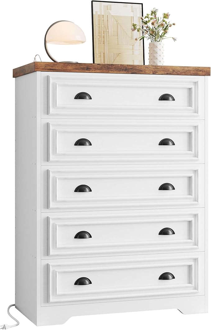 LIKIMIO 5-Drawer 43" Tall Dresser with Built-in Charging Station - Farmhouse Style Bedroom Storage Cabinet, Brown & White