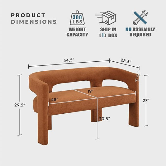 Lexicon 54.5 Inch Modern Curved Boucle Upholstered Dining Bench, Open Back Design, Soft Contemporary Accent Bench for Dining Room/Entryway, No Assembly Required, Orange