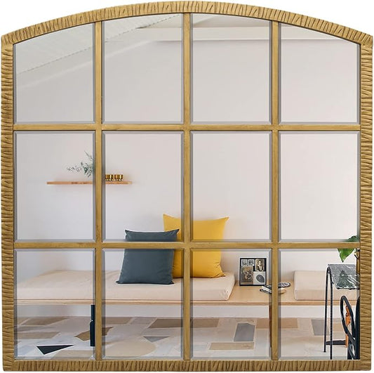 36 Inch Arched Window Mirror, Windowpane Decorative Mirror with Beveled, Metal Large Accent Mirrors, Grid Wall Mirrors for Living Room, Entryway, Vintage Gold