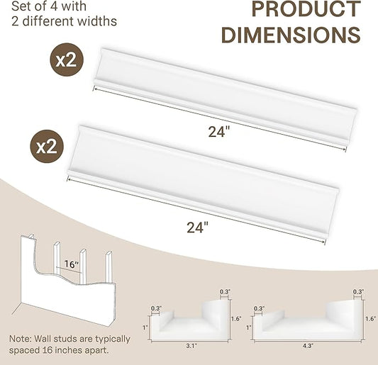 Fun Memories Picture Ledge Shelf - 24 Inches Floating Shelves Set of 4 - Floating Shelves with Lip for Storage - Wood Bookshelf Wall Mounted for Bedroom - Living Room - Kitchen - White Color