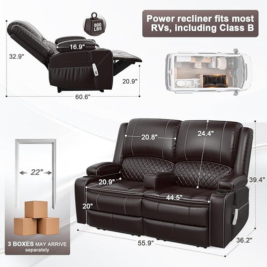 Yolsali Power Reclining Loveseat with Remote Control, Zero Wall Hugger RV Loveseat Recliner Sofa for Living Room with Removable Armrest, 2-Tier Cushions, Hidden Storage & USB Ports, PU Leather Brown