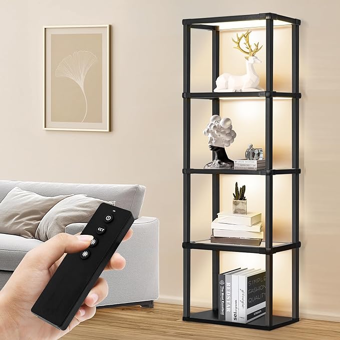 Tall Display Shelf Floor Lamp, Dimmable LED lamp with 3 Color Temperatures, Sturdy Glass Curio Cabinet Bookcase with Remote Control, Floor Lamp with Shelves for Living Room Decor, Collectibles (Black)
