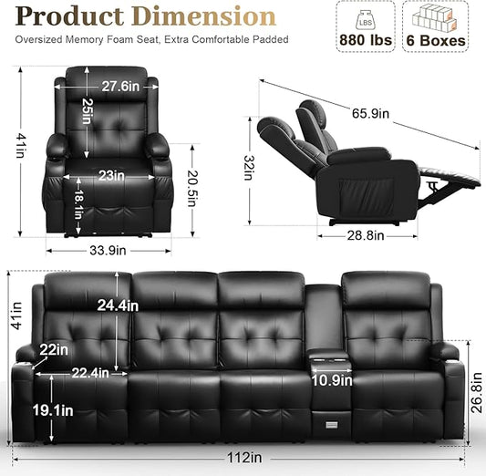 Recliner Sofa, 4 Seater Massage Reclining Loveseat Sofa Sets, 1 Single Power Recliner Chairs Heat & Massage, Heavy Weight Capacity, RV Clearance Love Seat Couch with Console, USB, Type C Port