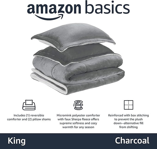 Amazon Basics 3-Piece Down Alternative Micromink Sherpa Bedding Set, Ultra-Soft, Warm All Season Comforter, Machine Washable, King, Charcoal