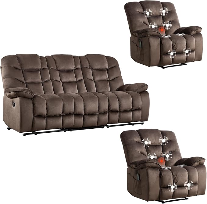 HAOMARKETS 3 Pieces Recliner Sofa Furniture Set, Include 2 Power Recliner Chairs with Message&Heat and a 3-Seater Reclining Couch for Living Room, Brown