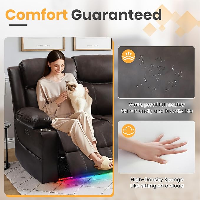 Reclining Sofa, Electric 3 Seater Recliner Sofa with Colorful Light/USB/Type C/Cup Holder, Wall Hugger RV Recliners Reclining Couch for Living Room & Home Theater