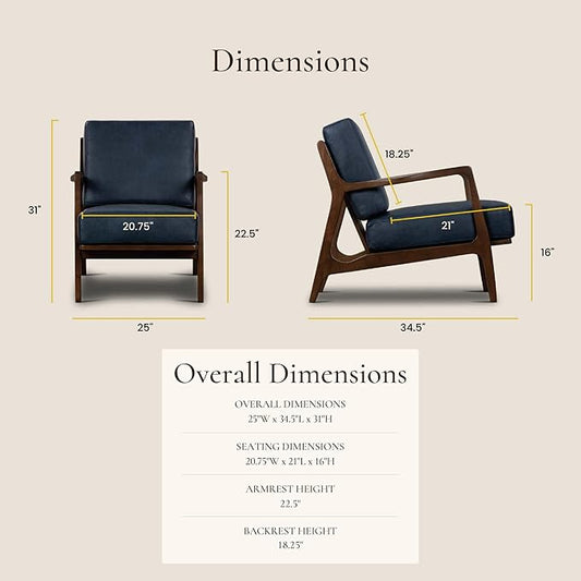 Poly & BARK Verity Leather Accent Chair – Armchair with Walnut Wood Frame – Fashion-Forward Lounge Seating for Living Room – Upholstered in Midnight Blue Leather for Modern Style
