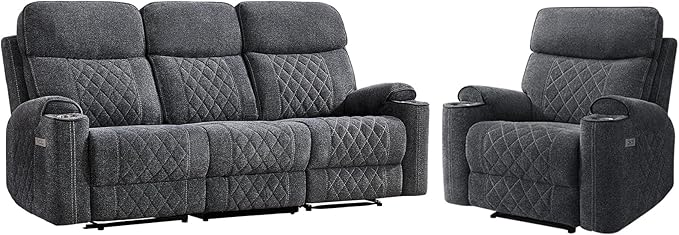HAOMARKETS 2-Piece Electric Recliner Sofa Set with Charging Port, Include Single Power Reclining Chair and 3-Seater Reclining Sofa for Living Room, Dark Grey