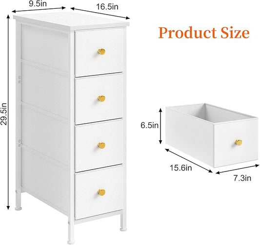 Fixwal Narrow Storage Cabinet, Narrow Nightstand Dresser with 4 Drawers, Slim Fabric Dresser Storage Tower for Small Spaces, White Dresser, for Bedroom, Bathroom, Laundry, Closet
