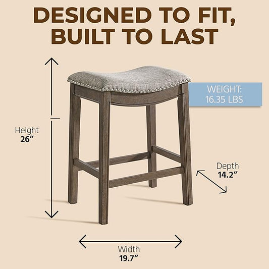 ROME + OAK Parker 26 Inch Counter Stool, Backless Saddle Kitchen Barstool in Walnut Finish with Grey Fabric Upholstery Cushion Seat