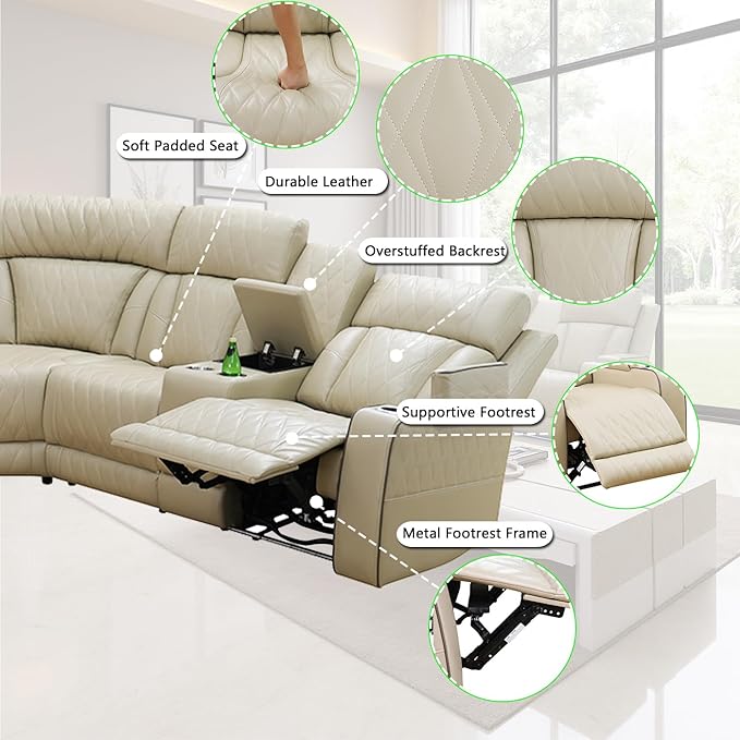 Living Room Furniture Sets, Power Recliner Sectional Sofa with LED Light for Living Room, Leather Reclining Sectional Couches Set, Cup Holder, Storage Console for Home Theater Seating