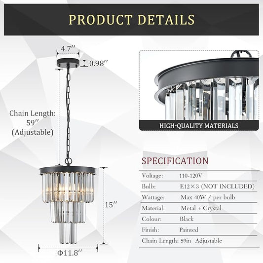 3 Tiers Black Crystal Pendant Light, Mini Smoke Gray K9 Crystal Chandelier Modern Pendant Light Fixture for Kitchen Island Dining Room Hallway Bedroom Closet