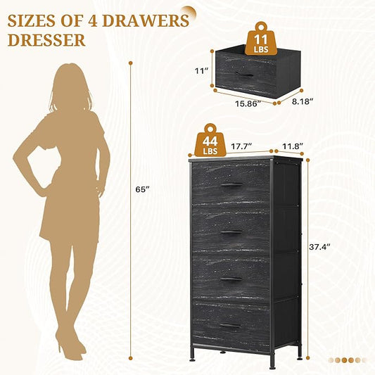 Nightstand with 4 Fabric Drawers, 37.4" H Tall Narrow Bedside Table with Wooden Top Steel Frame for Bedroom, Dorm, Closet, Living Room, Charcoal Black