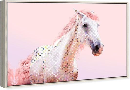 Country Farmhouse Canvas Print Painting Animal Wall Art 'Pink Glam Horse' Champagne Framed Canvas Rustic Home Décor 15x10 in Pink, White by Oliver Gal