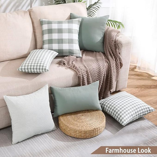 ARRIE Home Farmhouse Light Green Striped Throw Pillow Covers 18x18 Neutral Striped Outdoor Pillow Cover 18 x 18 Set of 2 for Patio Sofa Porch, Grey Green and White