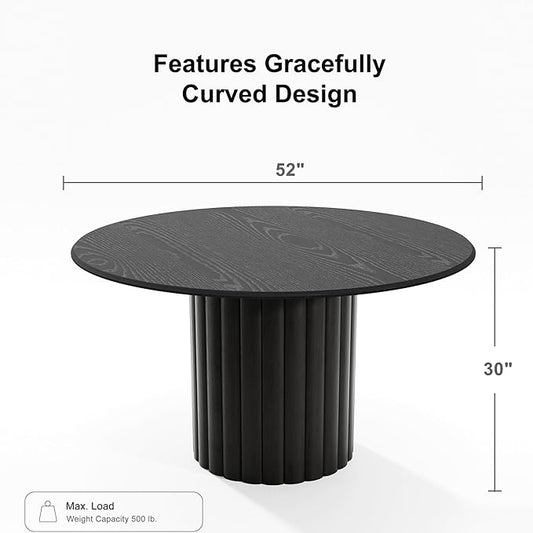 Casaphoria 52" Round Dining Table, Modern Wood Kitchen Table with Wide Column Pedestal Base for Living Room & Dining Room, Easy Assembly Farmhouse Furniture for 4-6, Black